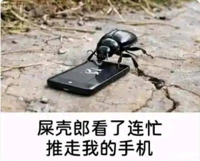 图片中一只黑色屎壳郎正趴在布满裂纹的地面上，用头部和前腿奋力推动一部黑色智能手机，仿佛在推自己的粪球。图片下方配有文字：“屎壳郎看了连忙推走我的手机”。通过将手机比作屎壳郎习性中的粪球，幽默地表达了对手机的调侃或嫌弃，暗示手机可能卡顿、破旧或不受欢迎。