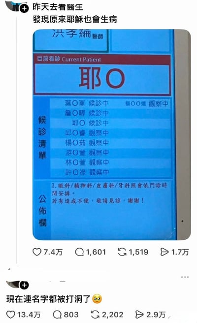 这是一张X社交平台的截图，包含两则社交推文内容：上方推文发布者称自己昨日去看医生，分享了拍到的医院候诊叫号显示屏画面；医院显示屏出于隐私保护，将所有患者姓名的中间字用圆圈遮挡，当前就诊区域显示“耶O”，候诊清单里也有“耶O 候诊中”的条目，发布者借此玩梗调侃“原来耶稣也会生病”；下方另一则评论补充调侃“现在连名字都被打洞了”，隐私打码后形成的“耶O”刚好谐音“耶稣”，形成了巧合趣味谐音梗。