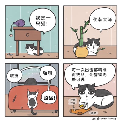 这是一组四格卡通漫画，主角是一只黑白相间的猫咪。第一格中，猫咪躲在桌子下，桌子上的盆栽已经枯萎，地面散落着碎屑，猫咪宣称“我是一只猫！”；第二格中，猫咪躲在富贵竹花盆旁，手里掰断了一截竹子，自称“伪装大师”；第三格中，猫咪正抓挠红色沙发，沙发已经被抓出明显痕迹，它自我标榜“敏捷”“狡猾”“凶猛！”；第四格中，猫咪正抓着一只袜子，配文“每一次出击都精准而致命，让猎物无处可逃”，将袜子当作“猎物”，用猫咪夸张的自我认知和实际搞破坏的日常形成强烈反差，充满萌点与笑点，生动还原了猫咪调皮捣蛋的真实日常。