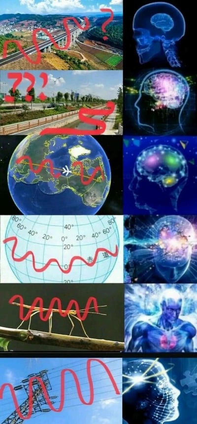 这是一组左右对应排列的多图拼接梗图，左侧共6张图，依次为：被手绘红色波浪线标注的直线高架桥（配问号表现疑惑）、被标注成S形的直河道、被画了波浪线的地球直线航线、被画了波浪线的直线赤道、被画成波浪线的竹节虫直腿、被画成波浪线的直线电线；右侧对应6张图，呈现大脑从初始的未激活疑惑状态，到逐渐分区点亮、能量爆发，最终变成完全理解的拟人化形象。整体通过左右对应，表现人看到这些被错误标注的直线事物后，大脑从困惑不解到最终理解事物真实形态的心理变化过程，利用视觉误解制造搞笑效果。
