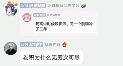 该图片为社交平台群聊截图，显示了三位用户的互动。顶部用户“LV49 因果凝聚”的状态为“水群提醒我去学习”，其头像为蓝发动漫角色。下方两条聊天消息：“LV26 黄金 泰勒猫绫濑”（粉发头像）提到“我高中时候没资源，同一个漫画冲了三年”，“LV79 ATQFT 华夏独尊”（黑白人像头像）则提问“卷积为什么无穷次可导”。界面整体为浅色背景，包含用户等级、昵称及个性化头像元素。