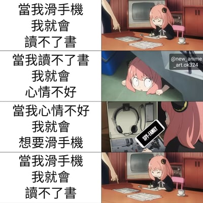 这是一张四格连环漫画，左侧为文字描述，右侧对应动漫角色安雅的场景，展现了一个手机依赖的恶性循环：滑手机导致读不了书，读不了书引发心情不好，心情不好又想滑手机，最终回到起点。安雅在不同场景中表现出沮丧（伏案写字时）、惊讶（躲在桌下时）、好奇（查看设备时）等表情，生动呈现了当代人被手机支配的无奈日常。