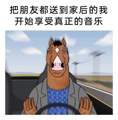这是一张引发共鸣的生活梗图，上方配有文字"把朋友都送到家后的我开始享受真正的音乐"。图中是美国成人动画《马男波杰克》的主角波杰克，它坐在汽车驾驶座上，双手搭在方向盘上，面部表情陶醉，双眼微眯、嘴角带着满足的笑意，身体和车外背景呈现出晃动模糊的效果，生动表现出在结束社交、独自驾车时，终于可以不受拘束地跟着喜爱的音乐尽情摇摆的放松状态，精准戳中了人们在社交后渴望独处、享受自在时刻的心情。