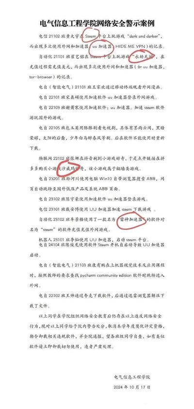 这是2024年10月17日电气信息工程学院发布的网络安全警示案例通报，详细列举了电信21102班、自动化21101班等多个班级共16名学生违反校园网络安全规定的行为，包括使用UU加速器、雷神加速器、HIDE ME VPN等工具访问外网，游玩《dark and darker》《永劫无间》等外网游戏，使用翻墙类小游戏、浏览外网内容、违规下载软件等。通报指出这些学生在学院组织网络安全教育后仍违规，对其给予院内警告处分，取消本学年度奖优评定资格，勒令卸载相关违规软件并全院通报，同时要求各班级同学自查，如有类似软件立即卸载，违者严肃处理。其中部分违规的加速器、游戏名称被用红圈标注出来。