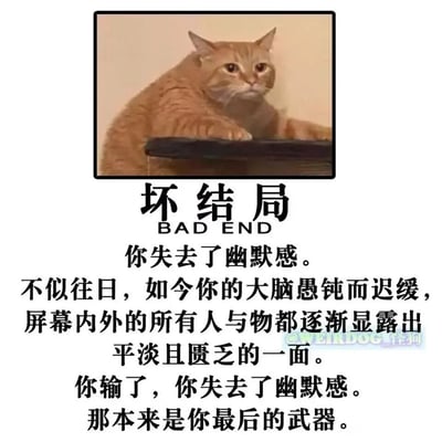 这是一张图文混排的网络meme作品，上方是被黑色边框框起的橘猫，它表情凝重沮丧，前爪搭在台面上，神态低落；下方以“坏结局 BAD END”作为标题，搭配一段充满情绪的文字，构建出“失去幽默感”的负面结局场景：当人失去幽默感后，大脑变得愚钝迟缓，周遭的一切都褪去趣味，显露出平淡匮乏的本质，而幽默感曾是自己最后的精神武器，整体内容戳中人们在生活中失去感知趣味能力的低落情绪，引发共鸣。