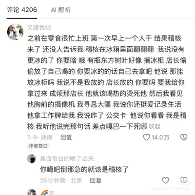 这是一张小红书平台的评论区截图，顶部显示该评论区共有4206条评论。获赞14万的高赞热评来自用户「又嫌我烦」，内容为其分享自己曾在零食很忙门店打工，第一次独自值早班时遇到总部稽核人员，因无人提前告知有检查，误将对方当成普通顾客，不仅主动告知对方店长私藏了冰的东方树叶在冰柜，还吐槽店长活该喝热的烫嘴；之后看到对方胸前的执法记录仪误以为是大疆相机，调侃对方爱记录生活，对方出示工作证时还以为是公交卡，直到对方表明自己是稽核的身份，瞬间感觉社死到差点晕过去。该热评下方还有其他用户的调侃回复，整体内容诙谐搞笑，充满打工人的社死趣味。