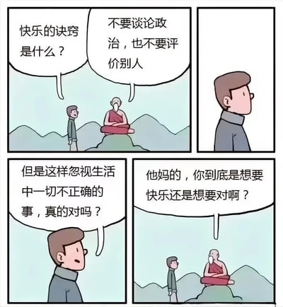 四格漫画描绘了一个人向山上的僧人请教快乐的诀窍。第一格：提问者问“快乐的诀窍是什么？”；第二格：僧人回答“不要谈论政治，也不要评价别人”；第三格：提问者质疑“但是这样忽视生活中一切不正确的事，真的对吗？”；第四格：僧人愤怒反问“他妈的，你到底是想要快乐还是想要对啊？”。通过简短对话展现了关于快乐与原则的讽刺性讨论。