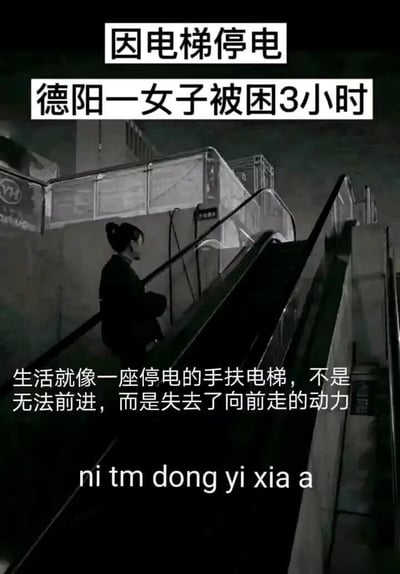 这是一张反差搞笑梗图，整体为黑白色调，图中一名女子背对镜头站在已经停电停运的自动扶梯上，手扶扶梯扶手。图片顶部标注新闻标题「因电梯停电 德阳一女子被困3小时」，中部配有文艺感的人生感悟文字「生活就像一座停电的手扶电梯，不是无法前进，而是失去了向前走的动力」，底部配上拼音吐槽「ni tm dong yi xia a」，实际意思为「你tm动一下啊」。图用文艺感悟和真实事件的反差制造笑点：调侃该女子不知道停电后可以走旁边的步行楼梯，一直站在停运扶梯上等待，因此被困了三小时，形成哭笑不得的喜剧效果。