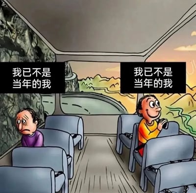 卡通风格插画描绘了公交车内的场景，左右各坐着一位人物。左侧人物头发稀疏，穿着紫色上衣，表情沮丧，低头沉思；右侧人物头发浓密，穿着橙色上衣，面带微笑，手持相机望向窗外风景。两人头顶均有黑色文字框，内写'我已不是当年的我'。窗外是黄昏时分的山川河流景色，通过人物状态和表情的鲜明对比，暗示时光流逝带来的人生变化，形成幽默又略带感慨的效果。