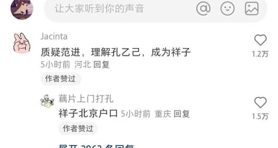 这张图是一张社交平台评论区的截图，两条高赞评论出现了“质疑范进，理解孔乙己，成为祥子北京户口”的爆梗文本。评论巧妙地通过文学人物名，组合出网友对人生变化、现实冲突的调侃，还暗含“孔乙己打工人”、“北京户口”、“成功学”等网络语境。名字、谐音梗和顺口溜形成幽默的梗氛围。
## 双关和谐音梗
评论内容通过引用中国文学经典人物实现了身份心态的隐喻和成长链式梗，比如“范进中举”暗指质疑拼搏，理解“孔乙己”（打工、失意），最终成为“祥子”与“北京户口”形成理想化结果。

