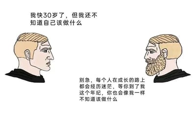 图片中左侧是一位无胡须的卡通男性角色，上方文字写着'我快30岁了，但我还不知道自己该做什么'，表达了对未来的迷茫。右侧是一位有胡须的卡通男性角色，回应道'别急，每个人在成长的路上都会经历迷茫，等你到了我这个年纪，你也会像我一样不知道该做什么'，通过幽默的方式打破了对'过来人'的期待，暗示迷茫可能是人生常态。整体风格为简约卡通，构图清晰，左右人物对称分布，文字位于对应人物上方和中间位置。