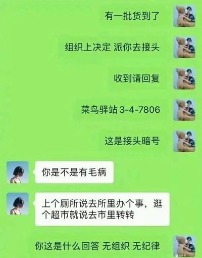 这是一段充满趣味反差的聊天记录截图：发送者用谍战片里的严肃接头话术来通知对方取快递，先后发送“有一批货到了”“组织上决定 派你去接头”“收到请回复”，随后给出取件地址“菜鸟驿站3-4-7806”还戏称其为“接头暗号”；对方则直接回怼“你是不是有毛病”，并吐槽发送者平时就爱用夸张话术：“上个厕所说去所里办个事，逛个超市就说去市里转转”，最后发送者还一本正经地指责对方“你这是什么回答 无组织 无纪律”。整个对话用正式的谍战话术和日常取件的小事形成强烈反差，制造出荒诞搞笑的效果，没有双关、谐音梗等内容。