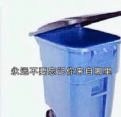 这是一张静态文字加注梗图，画面呈现一个蓝色带轮大型垃圾桶，其内部放置着一个尺寸更小的同款蓝色垃圾桶，图片下方配有醒目的中文文字“永远不要忘记你来自哪里”。作品以日常物品的嵌套关系为视觉载体，用幽默接地气的方式，隐喻“不忘初心、牢记自身起点与出身”的内涵，既带有自嘲的趣味感，也传递出励志的提醒意味，适合用来自我勉励或调侃式地提醒他人。