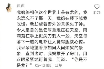 这是一张社交媒体截图形式的搞笑梗图，上方显示用户名为“迪迪”，配有一个手枪图案和5176个点赞。内容是一段充满戏剧性的文字描述，讲述自己相信世界上有龙，回忆某天暴雨闪电的恐怖景象，最后以妈妈推门问“你是不是龙？”作为幽默反转结尾。