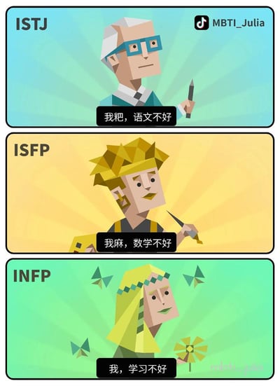 这是一张竖排三格的低多边形风格MBTI趣味梗图，从上到下分别对应ISTJ、ISFP、INFP三种I型MBTI人格，每个格子配有对应人格的原创卡通形象：第一格ISTJ为戴蓝框眼镜的白发老年男性，手持笔，配文“我粑，语文不好”，利用“粑”谐音“爸”；第二格ISFP为黄发戴耳饰的年轻男性，手持画笔，配文“我麻，数学不好”，利用“麻”谐音“妈”；第三格INFP为金发带装饰的女性，周围有纸蝴蝶和纸花元素，配文“我，学习不好”。内容采用递进式的调侃逻辑，玩MBTI人格的刻板印象梗，笑点清晰活泼。图片右上角和右下角带有创作者抖音账号“MBTI_Julia”的水印。