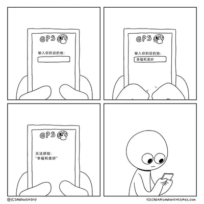 这是一则四格黑白卡通连环漫画，讲述了一个简约卡通角色试图用GPS设备搜索“幸福和美好”这个目的地，先是在GPS上输入该内容，随后GPS提示无法获取这个目的地，最后角色低头看着手机，露出失落、沮丧的神情。漫画用简单的情节隐喻了“幸福和美好”这类抽象的美好状态无法像具体地点一样被精准定位，传递出一种对生活中美好难以追寻的无奈与淡淡的丧感。