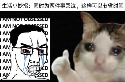 这张梗图采用左右对比的形式，左侧是经典的哭泣 Wojak 表情包，角色双眼通红，泪水如瀑布般流下，背景是重复的"I AM NOT OBSESSED"文字；右侧是一只表情严肃的猫，正竖起大拇指。图片顶部配有文字"生活小妙招：同时为两件事哭泣，这样可以节省时间"，通过幽默的方式将两个不相关的元素结合，创造出一种荒诞的喜剧效果。