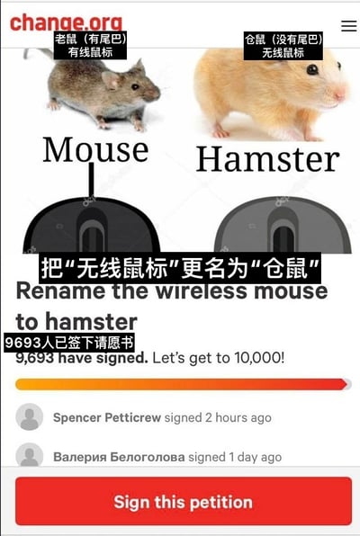 这张图是经过改编的change.org请愿页面梗图，利用英文单词“mouse”同时拥有“老鼠”和“鼠标”的双重含义玩谐音梗：左侧展示有尾巴的老鼠对应带线的有线鼠标，右侧展示没有尾巴的仓鼠对应没有线的无线鼠标，配文发起请愿要求将“无线鼠标”更名为“仓鼠”，页面显示当前已有9693人签署该请愿，目标收集10000个签名，还展示了最近两条用户签名记录以及“签署这份请愿书”的按钮，整体风格搞笑有趣，创意十足。