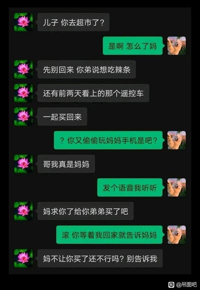 这是一段充满趣味的家庭聊天记录截图，哥哥在超市时收到来自妈妈账号的消息，对方让他帮忙给弟弟带辣条和遥控车，哥哥凭借对弟弟的了解，立刻识破是弟弟偷偷拿妈妈的手机发消息。哥哥要求对方发语音验证，弟弟假装妈妈求情，被哥哥威胁要告诉妈妈后，立刻暴露身份认怂求饶，对话生动展现了兄弟间日常的调皮互动，充满生活笑点。