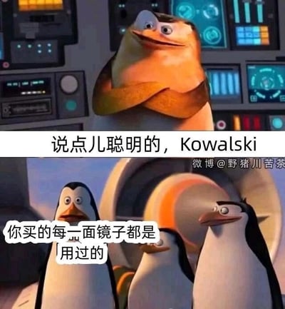 这是一张由《马达加斯加的企鹅》动画截图拼接而成的二次创作梗图，采用上下分栏的多图拼接形式。上半部分是企鹅队长斯基珀双臂交叉抱于胸前，面带期待的微笑，向智囊科沃斯基提出要求：“说点儿聪明的，Kowalski”；下半部分是科沃斯基一本正经地说出一句无厘头冷笑话：“你买的每一面镜子都是用过的”。这句看似严谨的“聪明结论”实则是毫无意义的废话，因为镜子的核心用途就是供人使用，任何流通的镜子本质上都是为使用而生产的，用这种废话回应“说聪明话”的要求，通过强烈的反差感制造出搞笑效果。图的右下角带有微博用户“野猪川苦茶”的水印，标注了梗图的创作发布者。