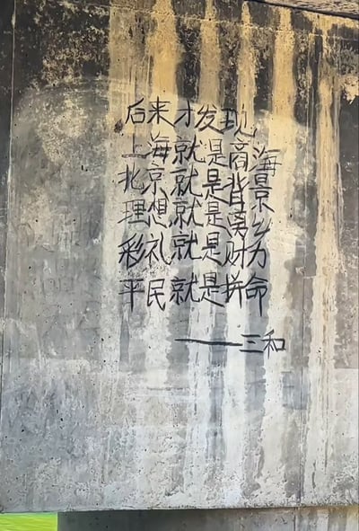 这张图片是某座桥墩或墙体上的手写涂鸦文字。内容以调侃、戏谑口吻总结了对上海、北京等城市以及人生理想、财富、奋斗等元素的现实认知，将理想化的标签用现实意义进行替换，表现出一定的无奈和社会观察色彩。整体风格略带哲理和幽默，常见于网络段子或社会现实讨论中。

- 虽然没有明显的谐音/双关语，但这种"城市=标签"的类比有一定的讽刺意味和社会隐喻。
- 没有低俗或敏感内容，偏向于人生体悟和社会观察。