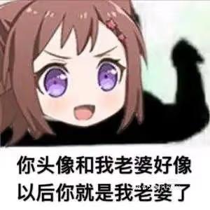 图中是《BanG Dream!》中的卡通角色户山香澄，她有着棕色头发和紫色眼睛，表情兴奋激动，一只手高高举起。图片下方配有玩梗文字：“你头像和我老婆好像 以后你就是我老婆了”，这是一种在社交场景中常用的搞笑玩梗表达，当看到和自己喜欢的形象相似的头像时，会用这句话开玩笑式地“认领”，氛围轻松诙谐，没有双关、谐音梗等特殊表意。