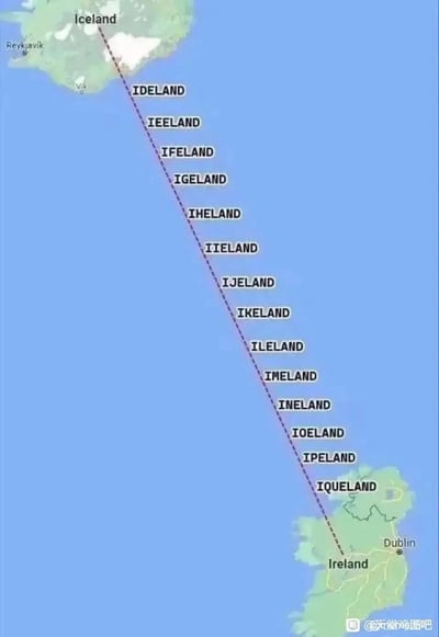 这是一张基于北大西洋地图创作的趣味梗图，图中展示了从冰岛（Iceland）到爱尔兰（Ireland）的虚拟虚线航线，在航线路径上依次排列了一系列拼写变体：将“Iceland”的第二个字母“c”逐步替换为从“d”到“q”的字母，形成IDELAND、IEELAND、IFELAND、IGELAND、IHELAND、IIELAND、IJELAND、IKELAND、ILELAND、IMELAND、INELAND、IOELAND、IPELAND、IQUELAND，最终连接到目的地爱尔兰（Ireland），通过这种逐步变化的拼写玩梗，调侃冰岛和爱尔兰英文名称高度相似的特点，制造出诙谐的趣味效果。
