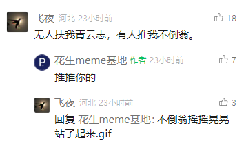 这是一张社交媒体评论区的截图，用户“飞夜”发布了改编自励志诗句的玩梗文案“无人扶我青云志，有人推我不倒翁”，将原本励志的内容结合不倒翁的特性，转化为带有自嘲感的幽默内容；随后该内容的发布者“花生meme基地”询问“推谁的你”，用户“飞夜”则用“不倒翁摇摇晃晃站了起来.gif”的描述回复，以动态图的想象感延续玩梗的趣味，整个对话充满轻松的网感和反差幽默。