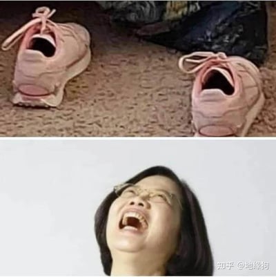这是一张上下拼接的对比类梗图，上方展示了两只放置在地毯上的粉色运动鞋，由于拍摄角度的巧合，鞋子的鞋口与鞋身轮廓组合后，看起来如同两张大张着的嘴；下方是一位戴眼镜的女性仰头、大张嘴巴的画面，表情极度夸张，仿佛在大声呼喊或狂笑。两者的视觉形态高度契合，形成了有趣的视觉错位效果，带来搞笑的观感。