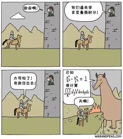 这是一幅四格连环卡通漫画，以经典的骑士救公主童话为框架制造反差笑点。第一格中，被关在塔里的女孩向路过的骑士呼救；第二格女孩说明自己的“困境”是被逼迫学习多变量微积分；第三格骑士义愤填膺地表示要救她出去；第四格出现反转，骑士的马突然给出一道复杂的三重积分数学题，骑士和女孩瞬间被吓得蜷缩在地，用夸张的方式调侃了人们面对高等数学时的强烈畏难情绪，将“被数学支配的恐惧”具象化，充满荒诞幽默。