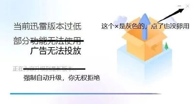 图片展示了迅雷软件的强制更新弹窗界面。左侧文字提示“当前迅雷版本过低 部分功能无法使用 广告无法投放”，中间显示“正在为您升级到最新版本”及进度条，底部标注“强制自动升级，你无权拒绝”。右侧有一个橙色立体盒子图标，盒子上方的关闭按钮（×）被黑色箭头指向，并配有文字说明“这个×是灰色的，点了也没卵用”，整体呈现用户对软件强制升级、无法关闭弹窗的无奈与吐槽场景。