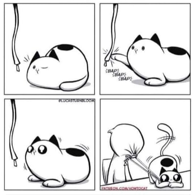 四格漫画描绘了一只胖嘟嘟的黑白小猫与绳子的搞笑互动。第一格：小猫趴在地上，眯着眼盯着悬垂的绳子；第二格：它伸出爪子拍打绳子，发出“BAP BAP BAP”的拟声词；第三格：小猫瞪大眼睛，耳朵竖起，显得十分兴奋；第四格：意外发现绳子是袋子的抽绳，小猫被猛地拽进袋子里，只露出两只无助的大眼睛和尾巴在外面扑腾。