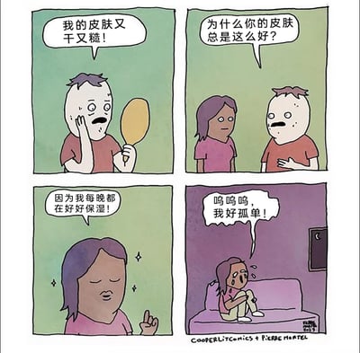 这是一幅四格连环漫画，第一格中男性角色手持镜子，摸着自己的脸，懊恼地抱怨自己皮肤又干又糙；第二格他向身边的女性角色询问，为什么对方皮肤状态总是这么好；第三格女性角色自信地表示，自己皮肤好是因为每晚都坚持好好保湿，表情得意又骄傲；第四格场景切换到夜晚，女性角色独自坐在沙发上，抱着腿崩溃哭泣，哭诉自己好孤单，和前一格的自信状态形成强烈反差，用幽默的方式制造出意料之外的转折，调侃了看似光鲜的生活细节背后可能隐藏的孤独情绪。