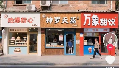 这是一张经过P图改编的街景图，画面展示了三家相邻的街边店铺，分别是甜品店「地爆甜心」、面包店「神罗天蒸」、饮品店「万象甜饮」，三个店名都是玩《火影忍者》里的经典忍术谐音梗：
- 地爆甜心：谐音“地爆天星”，是宇智波一族的强力忍术
- 神罗天蒸：谐音“神罗天征”，是佩恩的招牌忍术
- 万象甜饮：谐音“万象天引”，同样是佩恩的忍术

中间店铺「神罗天蒸」的门口站着一位穿着蓝色外套的人，造型模仿《新世纪福音战士》里的绫波丽；右下角的社交平台界面元素里，头像为《火影忍者》中的宇智波鼬，进一步强化了动漫梗的趣味感。画面右侧有行人路过，整体场景是日常的街边商铺，却因为动漫谐音店名和角色模仿变得充满趣味。