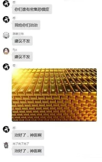 这是一张聊天记录截图形式的梗图。用户“惡”在群里询问“你们谁有密集恐惧症”并表示“我给你们治治”，随后其他用户“路景兰特”和“flys”均回复“建议不发”试图阻止。接着聊天中插入了一张大量整齐堆叠的黄金条图片，最后“惡”和“完了完了完了”相继发出“治好了，神医啊”的调侃回复，用黄金条的密集排列幽默化解密集恐惧症的恐惧，形成反差笑点。
