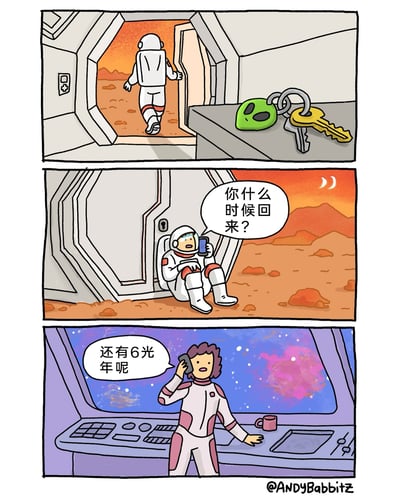 这是一幅三格连环卡通漫画，以太空探索为背景制造荒诞冷幽默。第一格中，一名宇航员走出舱门踏上橙红色的外星荒漠，而舱内的台面上赫然放着一串带有外星人造型挂饰的钥匙串，暗示了他的失误；第二格展示宇航员发现自己忘带钥匙，懊恼地坐在紧闭的舱门外，拿着手机焦急地向同伴询问归期；第三格是身处另一艘飞船的同伴，平淡地回复自己还有6光年的路程才能返回。漫画通过日常的“忘带钥匙”乌龙与太空场景的极端反差，放大了失误的严重性，营造出无奈又好笑的喜剧效果。