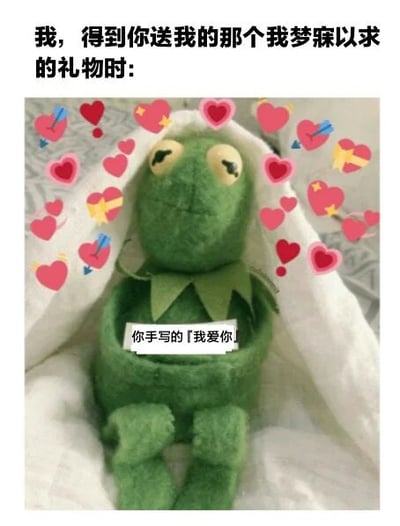 图片展示了一只绿色青蛙玩偶被白色布料包裹，周围环绕着粉色爱心和带箭头的爱心装饰。顶部文字写着“我，得到你送我的那个我梦寐以求的礼物时：”，玩偶胸前有一张纸条，上面写着“你手写的「我爱你」”。整体画面温馨可爱，表达了收到心爱礼物时的幸福与满足感。