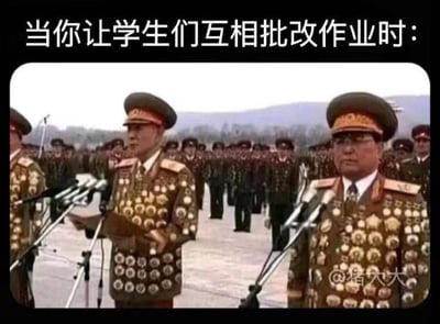 这是一张搞笑的校园主题梗图，上方配有文字“当你让学生们互相批改作业时：”，下方是挂满勋章的军官们严肃站立在话筒前的真实场景照片。用挂满勋章的军官形象来调侃学生之间互相批改作业时，往往会给对方打高分、“放水”，就像这些勋章满身的军官一样，仿佛每个学生的作业都“战绩辉煌”，通过这种反差感制造出搞笑的效果，精准戳中校园生活里的有趣细节。