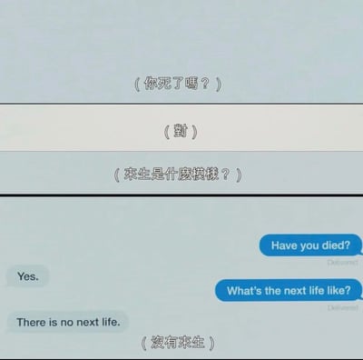 这张图片是静态的聊天记录截图，分为上下两个部分呈现对话内容。上方是繁体中文对话：一方以“你死了嗎？”开启提问，另一方回复“對”，接着提问者追问“來生是什麼模樣？”；下方是对应的英文聊天界面，蓝色气泡的提问者先后询问“Have you died?”和“What's the next life like?”，灰色气泡的回复者依次回应“Yes.”和“There is no next life.”，图片底部还有该英文回答对应的繁体中文翻译“(沒有來生)”。整个对话模拟了“死后对话”的场景，以简洁的问答形式传递出“没有来生”的观点，风格带有冷幽默的同时，也引发对生死议题的思考。