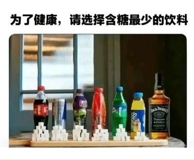 图片上方配有文字“为了健康，请选择含糖最少的饮料”，下方展示了七种饮料整齐排列在木质托盘上，从左到右依次为可口可乐、蓝色罐装饮料、紫色Kool-Aid饮料、红色饮料、绿色Sprite、黄色Sunkist以及黑色瓶身的Jack Daniel's威士忌。每种饮料前方都堆叠着数量不等的方糖，直观展示其含糖量。其中威士忌前方的方糖数量最少（几乎没有），形成一种幽默对比——虽然威士忌含糖量低，但并非健康饮品，暗讽单纯以含糖量选择饮料的片面性。