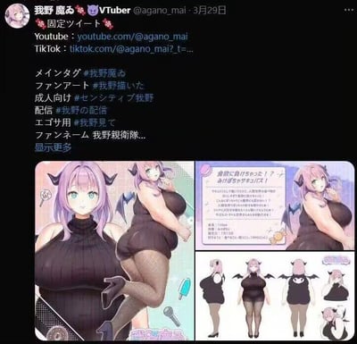 这是X平台（原推特）上VTuber我野魔麦的固定推文截图，推文顶部展示了她的YouTube、TikTok账号链接，以及一系列用于分类的话题标签，包括主话题#我野魔麦、粉丝创作标签、成人向内容标签、直播相关标签、自我搜索标签，还公布了粉丝名称为“我野亲卫队”。推文下方是她的官方角色设定图，包含多组不同角度的立绘，展示了角色的正面、侧面、背面等姿态，还有体型变化的对比，角色是拥有紫色头发、黑色恶魔角与小翅膀的丰满女性，身着黑色露肩上衣与网袜。设定图中还有文字说明，提到角色因食欲失控变成了丰满的体型，同时标注了角色的身高156cm、体重781.5kg等夸张的数据，整体风格偏向可爱又带有反差感的魅魔设定。