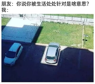 这是一张图文结合的搞笑梗图，上方设置了朋友与“我”的对话场景：朋友疑惑询问“你说你被生活处处针对是啥意思？”，下方的实拍图片则作为“我”的回应，直观展现“被生活针对”的具象化场景——停车场中，一处建筑的阴影恰好投射出一个类似标准停车位的框，而一辆银色汽车刚好停在这个阴影框里，仿佛是生活专门为这辆车“定制”了这么个位置，用这种巧合又无奈的画面，精准调侃了生活中那些倒霉又巧合的瞬间，传递出一种哭笑不得的情绪，让观者共情这种被生活“处处针对”的体验。