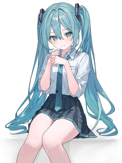 这是一幅虚拟歌手初音未来的同人原创插画，画面里初音未来身着白衬衫搭配深色百褶裙的制服风格服饰，标志性的湖蓝色双马尾长发垂落在身体两侧。她双手攥着领带，眉头微蹙，脸颊泛起红晕，眼神带着不安与羞涩，身体姿态局促，仿佛正处于紧张难为情的状态。画面采用纯白色背景，将焦点完全集中在角色的情绪表现上。