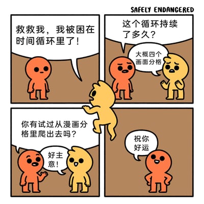 这是一则四格连环卡通漫画，改编自国外Safely Endangered系列漫画的中文版本。第一格中，橙色卡通小人面露苦恼，向黄色小人求救，称自己被困在时间循环中；第二格橙色小人询问循环持续的时长，黄色小人以“大概四个画面分格”回应，将漫画的分格设定与时间循环的时长结合；第三格黄色小人脑洞大开，提议橙色小人尝试从漫画分格里爬出去，橙色小人对此表示赞同，称这是好主意；第四格中黄色小人正攀爬着逃出漫画分格，橙色小人则叉腰笑着对他送上“祝你好运”的祝福。整则漫画通过打破第四面墙的方式，利用漫画媒介本身的分格特性构建笑点，将“时间循环”的设定与漫画的画面形式结合，充满荒诞幽默的脑洞。