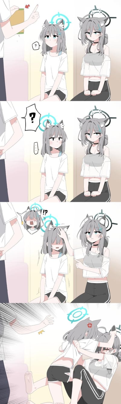 这是游戏《蔚蓝档案》的粉丝同人四格漫画，剧情如下：
1. 画面左侧的老师对着穿居家服的幼态砂狼白子比心，旁边的成熟版白子露出委屈的表情；
2. 老师没有理会白子，小白子露出疑惑的表情，白子的委屈感更重；
3. 白子伸手按住小白子的头，自己对着老师比心，小白子露出震惊的表情；
4. 小白子生气地扑到白子怀里，拍开老师的手，是非常可爱的吃醋小剧情，没有双关、谐音梗或暗示内容。