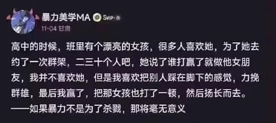 这是一张社交媒体截图，内容为一段第一人称叙述的故事：高中时期因一名女生引发群架，叙述者为满足控制欲参与并获胜，随后殴打该女生，结尾附上“如果暴力不是为了杀戮，那将毫无意义”的极端言论。整体内容宣扬不良价值观，包含暴力倾向描述。