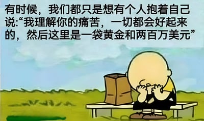 图片背景为浅蓝色天空和绿色草地，前景中一个光头卡通人物穿着黄色上衣和黑色裤子，坐在长椅上，双手捂着脸，呈现出悲伤沮丧的表情，身旁放着一个棕色纸袋。图片上方有一段文字：'有时候，我们都只是想有个人抱着自己说：“我理解你的痛苦，一切都会好起来的，然后这里是一袋黄金和两百万美元”'。通过先表达对情感理解的渴望，再突然转折到物质需求（黄金和美元），形成幽默反差，调侃人们在情绪低落时对情感安慰与物质支持的双重期待。