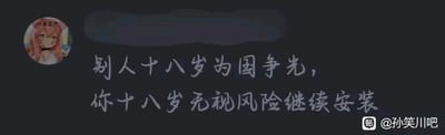 这是一张来自百度贴吧孙笑川吧的社交媒体截图，属于静态单图、顶配底文图。图中左上角是一个粉色头发的卡通女性头像，主体文字内容为“别人十八岁为国争先，你十八岁无视风险继续安装”，通过对比两种截然不同的十八岁状态，用幽默调侃的语气，讽刺部分人在十八岁时不顾软件安装的风险提示，执意继续安装软件的行为，形成强烈的反差感，制造搞笑效果。