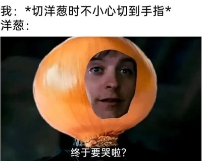 图片上方文字描述“我：*切洋葱时不小心切到手指* 洋葱：”，下方是一个头部被替换成完整洋葱的人物形象，洋葱下方配有文字“终于要哭啦？”。该梗图通过反转常见的“切洋葱会流泪”场景，将洋葱拟人化，调侃原本因洋葱辣眼而哭的人，现在因切到手指而哭，形成幽默效果。