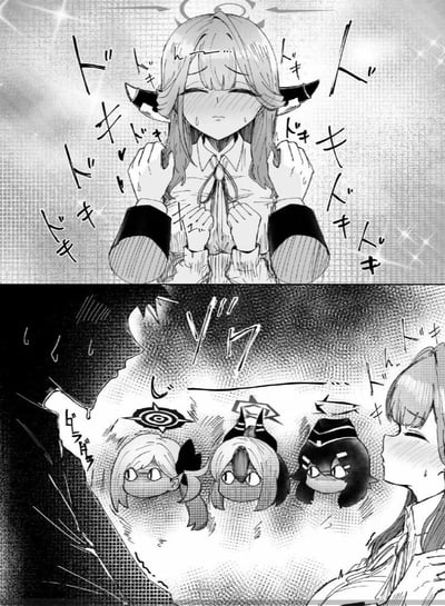 这是一幅《蔚蓝档案》的同人黑白连环漫画：
1. 上半格：角色空崎日奈双手抓着自己的衣领，脸红冒汗，周围环绕着日语拟声词「ドキドキ」，生动表现出她心跳加速、极度紧张害羞的状态。
2. 下半格：切换到日奈的内心视角，她看到三个戴着口罩的《蔚蓝档案》角色用诡异的眼神紧盯自己，拟声词「ゾク」强化了她的窘迫与惊悚感，进一步凸显了她的社死处境。
该漫画通过夸张的内心视角，放大了角色害羞时的心理活动，利用角色性格反差制造出搞笑又尴尬的效果。